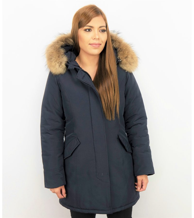 TheBrand Fur Collar Coat - Women's Winter Coat Long - Parka Stitch Pocket- Blue