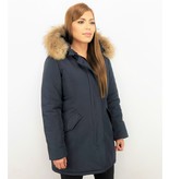 TheBrand Fur Collar Coat - Women's Winter Coat Long - Parka Stitch Pocket- Blue