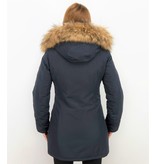 TheBrand Fur Collar Coat - Women's Winter Coat Long - Parka Stitch Pocket- Blue