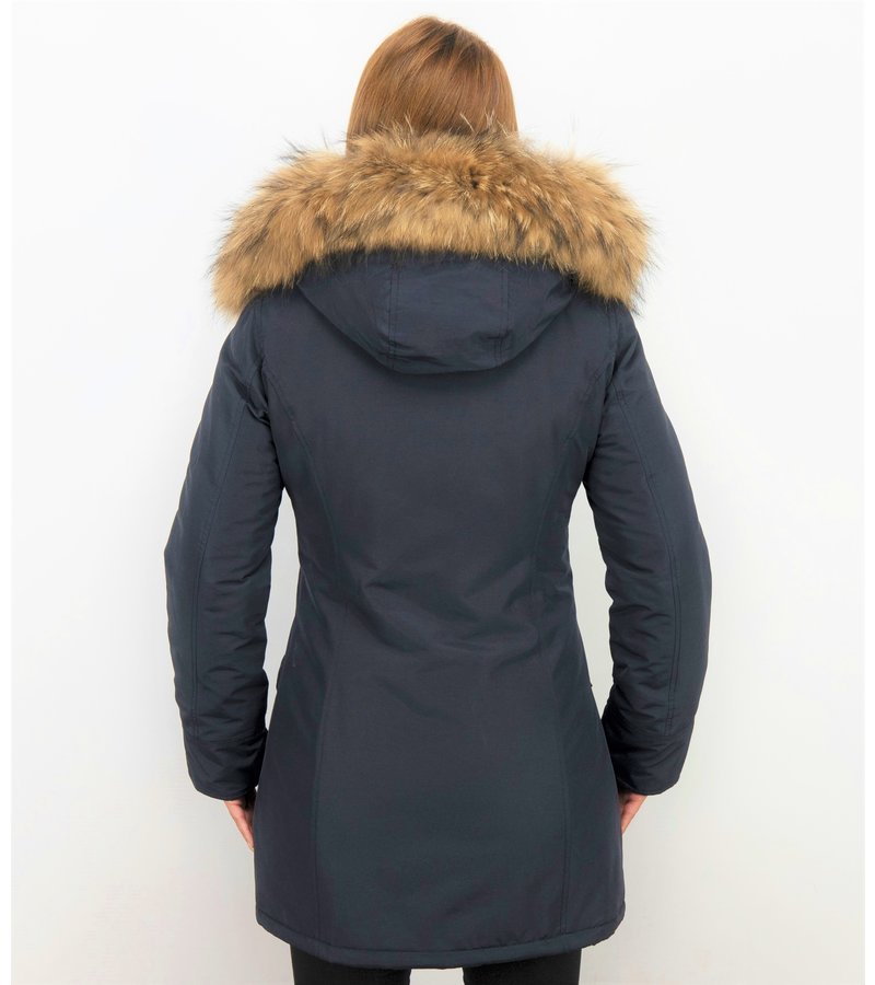 TheBrand Fur Collar Coat - Women's Winter Coat Long - Parka Stitch Pocket- Blue