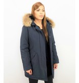 TheBrand Fur Collar Coat - Women's Winter Coat Long - Parka Stitch Pocket- Blue