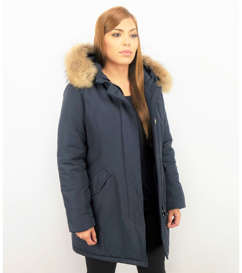 TheBrand Fur Collar Coat - Women's Winter Coat Long - Parka Stitch Pocket- Blue