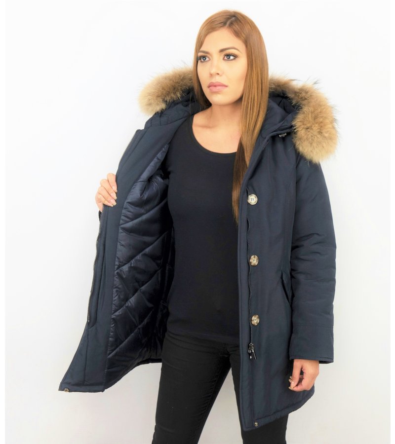 TheBrand Fur Collar Coat - Women's Winter Coat Long - Parka Stitch Pocket- Blue