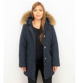 TheBrand Fur Collar Coat - Women's Winter Coat Long - Parka Stitch Pocket- Blue