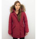 TheBrand Fur Collar Coat - Women's Winter Coat Long - Parka Stitch Pocket- Red