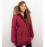 TheBrand Fur Collar Coat - Women's Winter Coat Long - Parka Stitch Pocket- Red