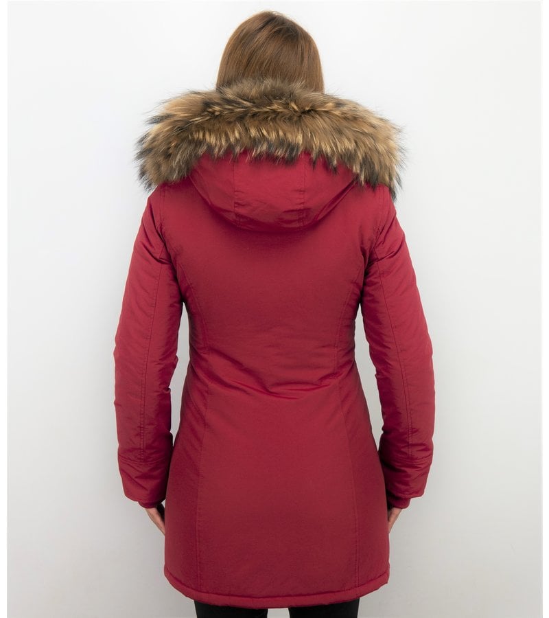 TheBrand Fur Collar Coat - Women's Winter Coat Long - Parka Stitch Pocket- Red