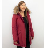 TheBrand Fur Collar Coat - Women's Winter Coat Long - Parka Stitch Pocket- Red