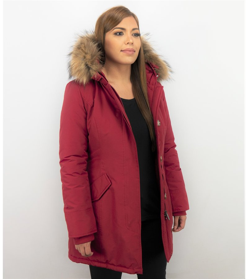 TheBrand Fur Collar Coat - Women's Winter Coat Long - Parka Stitch Pocket- Red