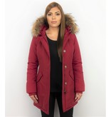 TheBrand Fur Collar Coat - Women's Winter Coat Long - Parka Stitch Pocket- Red