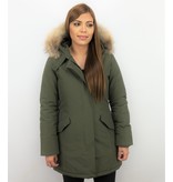 TheBrand Fur Collar Coat - Women's Winter Coat Long - Parka Stitch Pocket -  Khaki