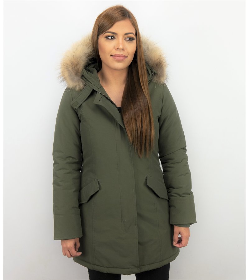 TheBrand Fur Collar Coat - Women's Winter Coat Long - Parka Stitch Pocket -  Khaki