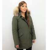 TheBrand Fur Collar Coat - Women's Winter Coat Long - Parka Stitch Pocket -  Khaki