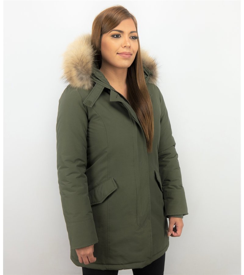 TheBrand Fur Collar Coat - Women's Winter Coat Long - Parka Stitch Pocket -  Khaki