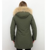 TheBrand Fur Collar Coat - Women's Winter Coat Long - Parka Stitch Pocket -  Khaki