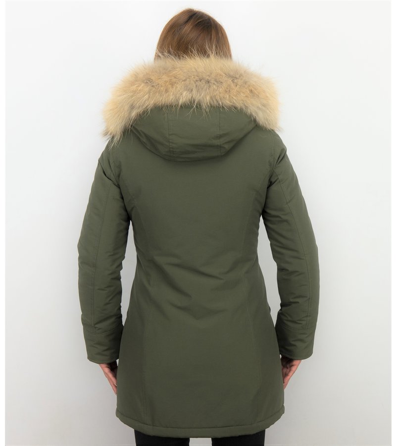 TheBrand Fur Collar Coat - Women's Winter Coat Long - Parka Stitch Pocket -  Khaki