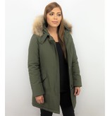 TheBrand Fur Collar Coat - Women's Winter Coat Long - Parka Stitch Pocket -  Khaki