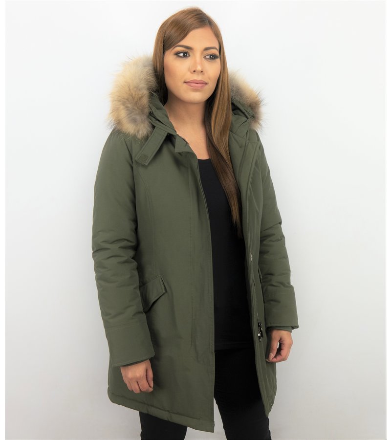 TheBrand Fur Collar Coat - Women's Winter Coat Long - Parka Stitch Pocket -  Khaki