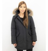 TheBrand Fur Collar Coat - Women's Winter Coat Wooly Long - Parka Stitch Pockets - Black