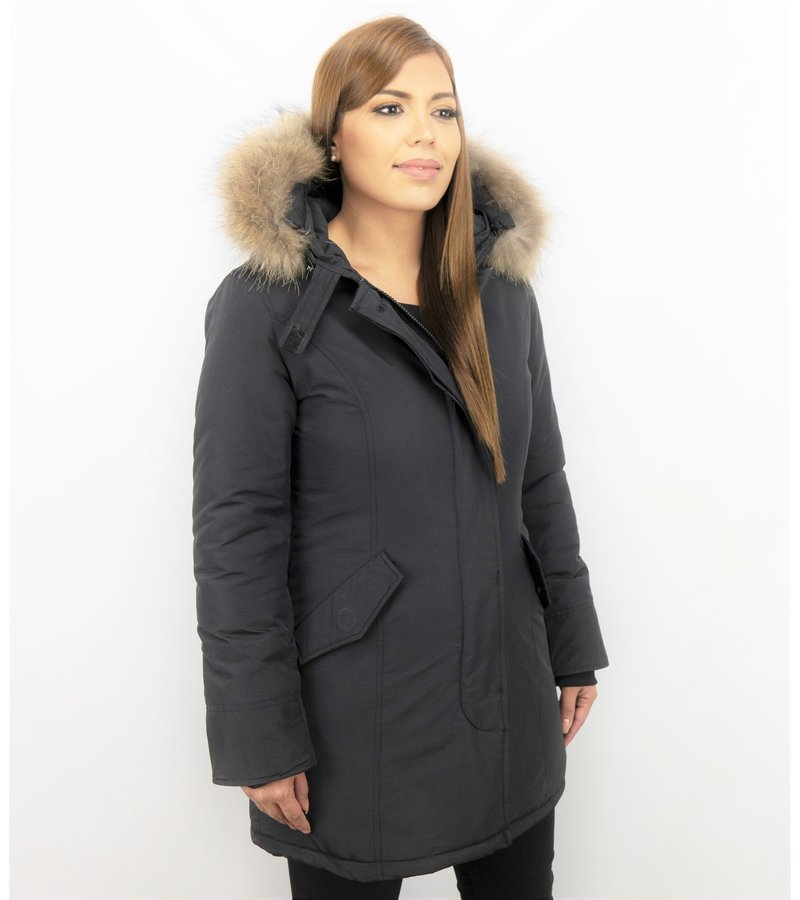 TheBrand Fur Collar Coat - Women's Winter Coat Wooly Long - Parka Stitch Pockets - Black