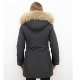 TheBrand Fur Collar Coat - Women's Winter Coat Wooly Long - Parka Stitch Pockets - Black
