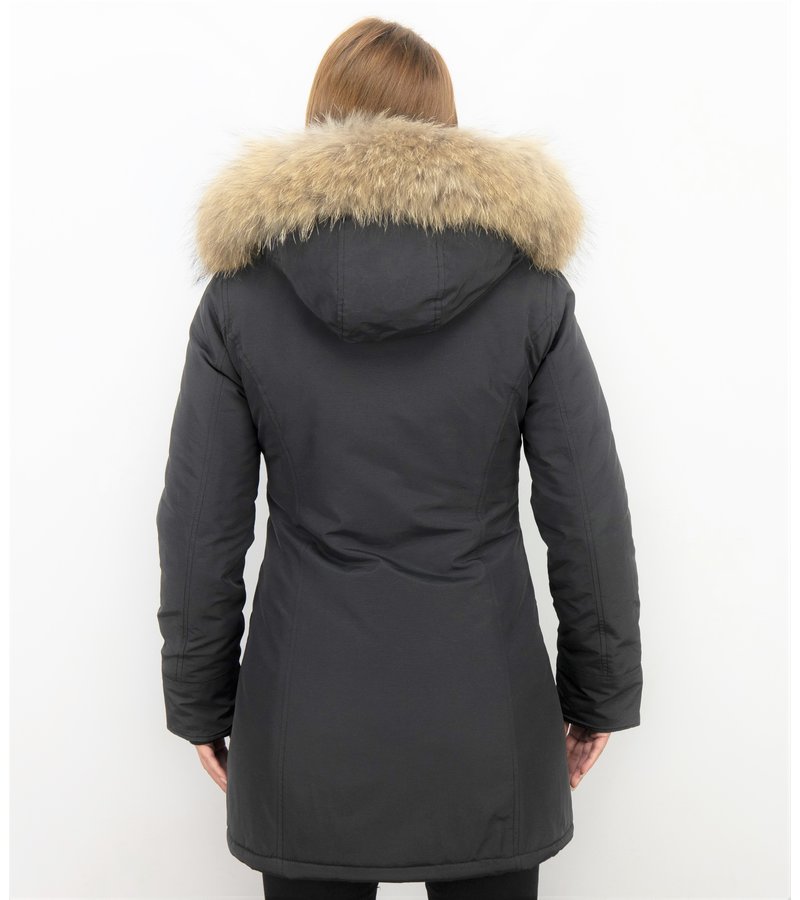 TheBrand Fur Collar Coat - Women's Winter Coat Wooly Long - Parka Stitch Pockets - Black