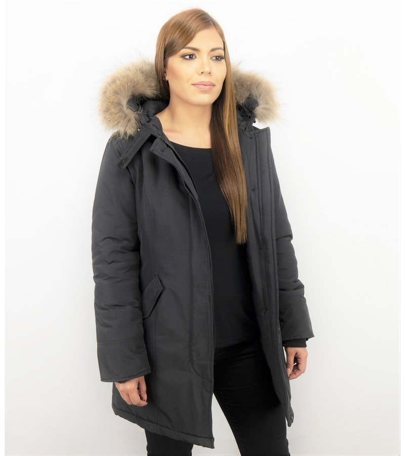 TheBrand Fur Collar Coat - Women's Winter Coat Wooly Long - Parka Stitch Pockets - Black