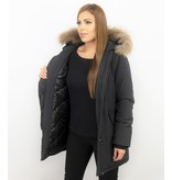 TheBrand Fur Collar Coat - Women's Winter Coat Wooly Long - Parka Stitch Pockets - Black