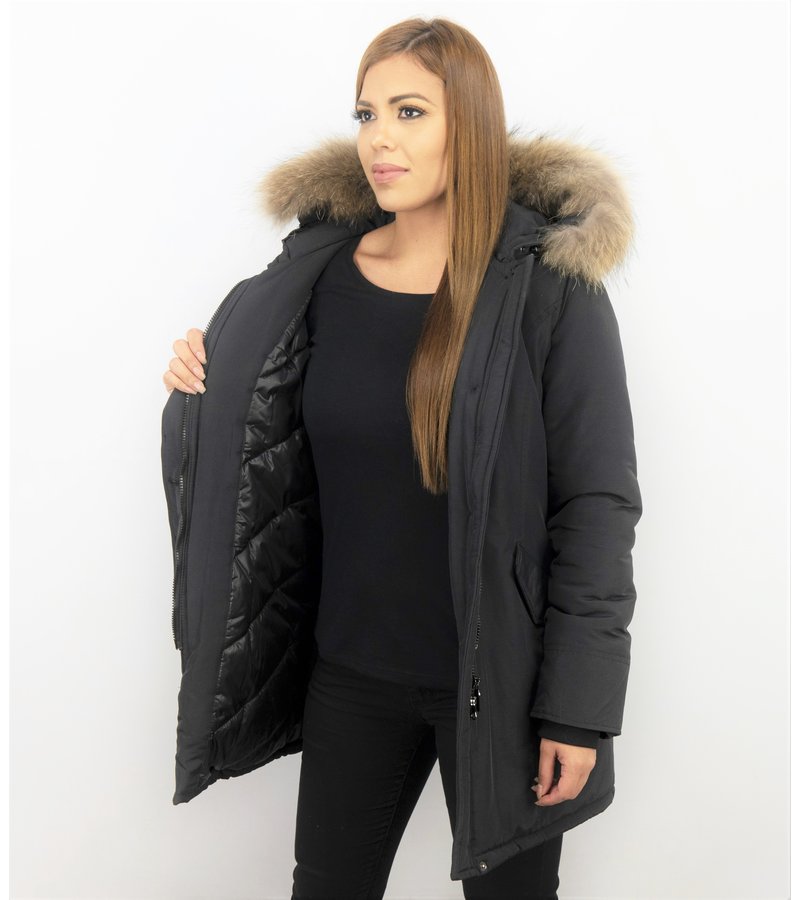 TheBrand Fur Collar Coat - Women's Winter Coat Wooly Long - Parka Stitch Pockets - Black