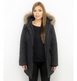 TheBrand Fur Collar Coat - Women's Winter Coat Wooly Long - Parka Stitch Pockets - Black