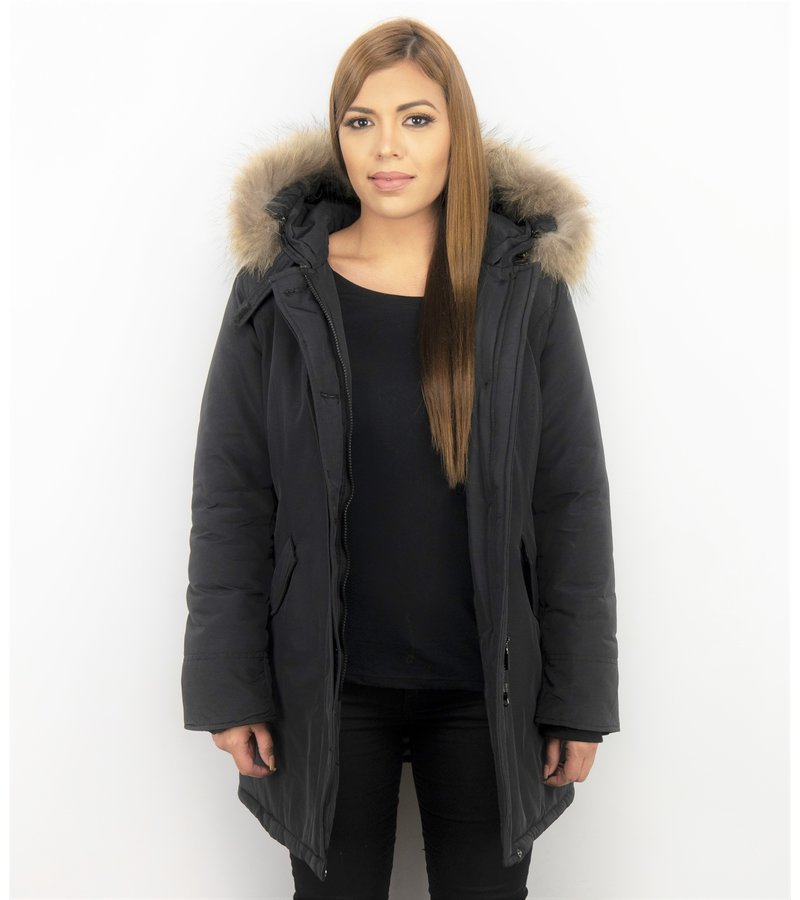 TheBrand Fur Collar Coat - Women's Winter Coat Wooly Long - Parka Stitch Pockets - Black