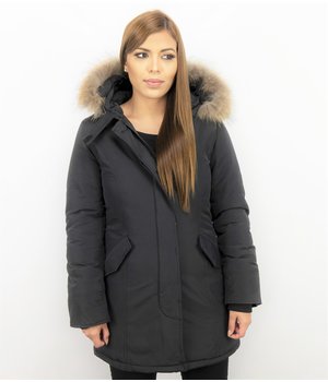 Gentile Bellini Fur Collar Coat  -  Women's Winter Coat Wooly Long - Large Fur Collar - Black