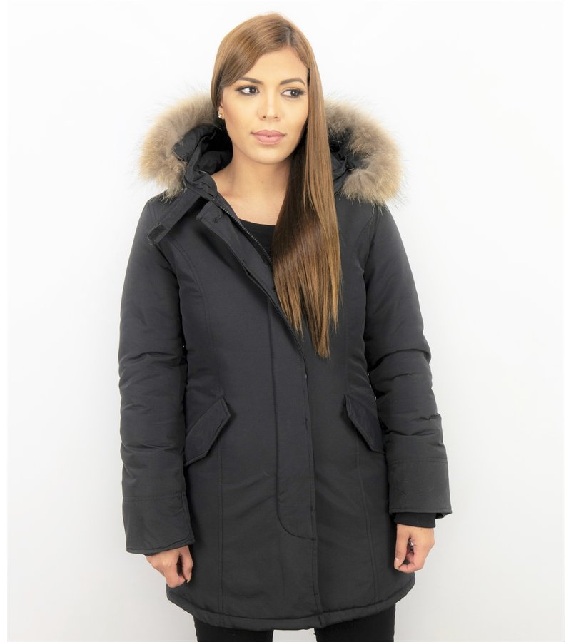 Gentile Bellini Fur Collar Coat  -  Women's Winter Coat Wooly Long - Large Fur Collar - Black