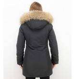 Gentile Bellini Fur Collar Coat  -  Women's Winter Coat Wooly Long - Large Fur Collar - Black