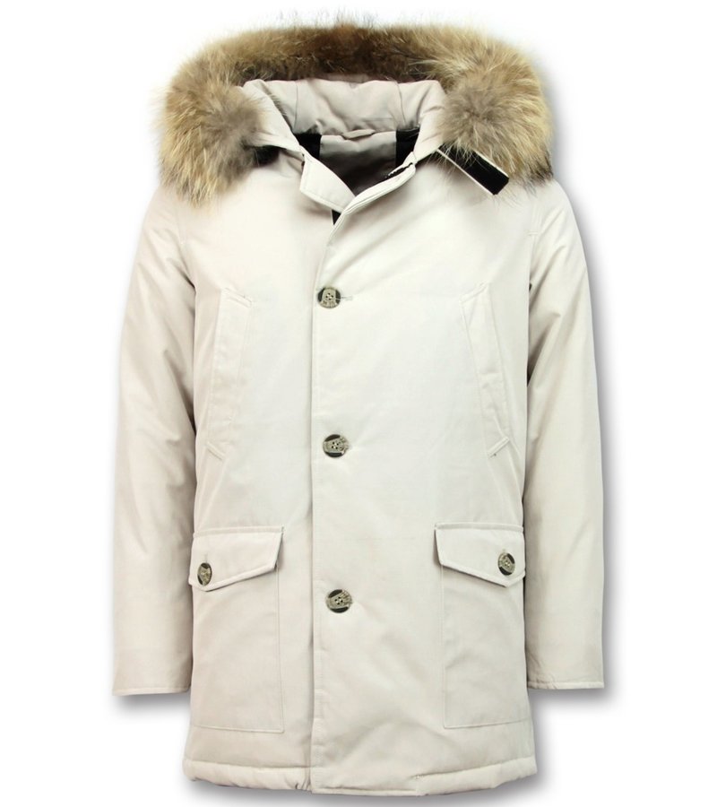 Enos  Men's Winter Jacket Long Real Fur Collar - Beige