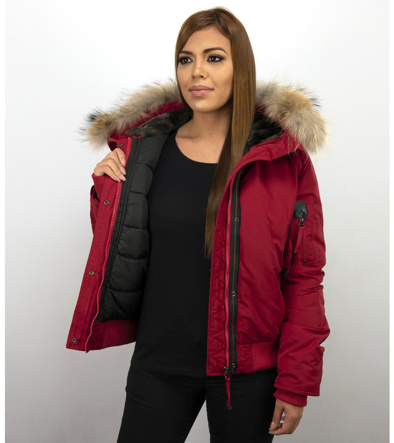 Macleria Fur Collar Women Winter Coat Short - Red