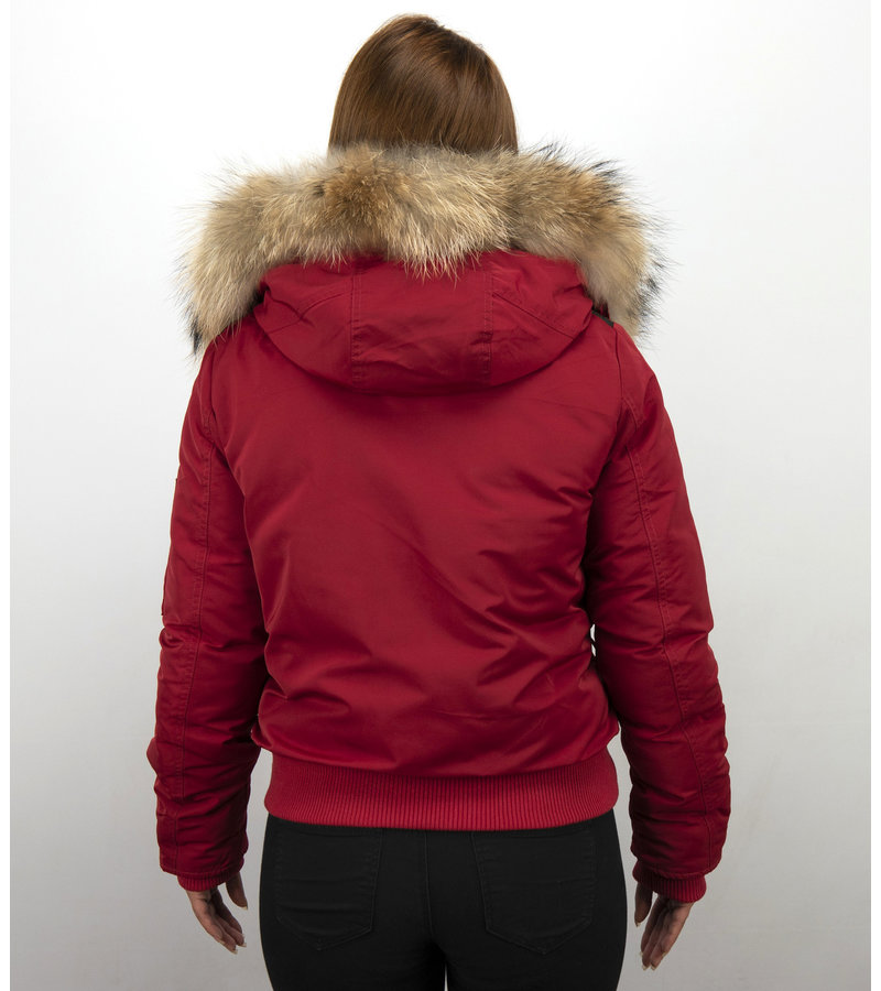 Macleria Fur Collar Women Winter Coat Short - Red