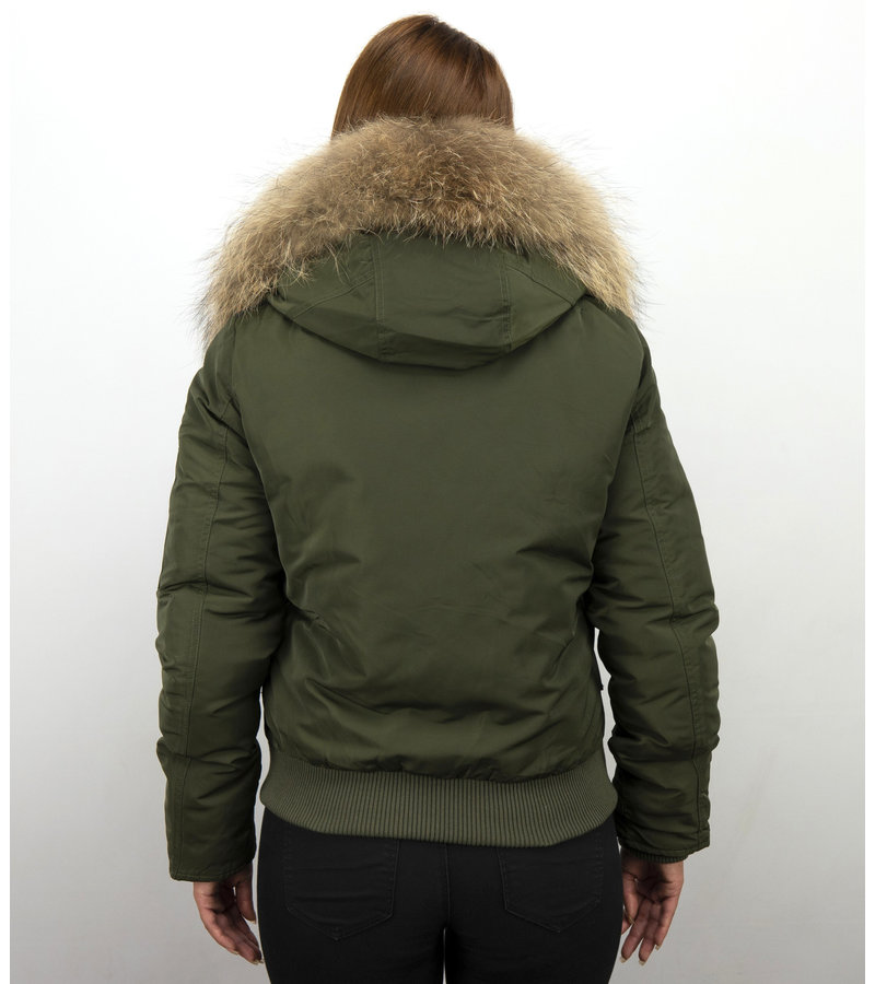 Macleria Fur Collar Women Winter Coat Short - Green