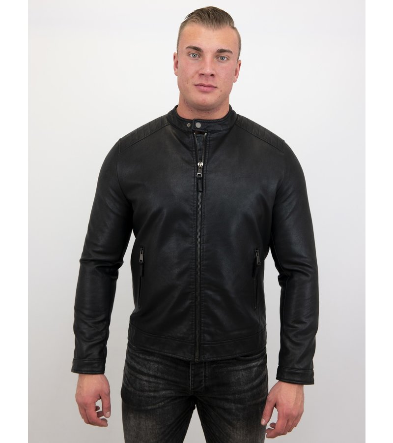Enos Men Biker Leather Jacket  - Black
