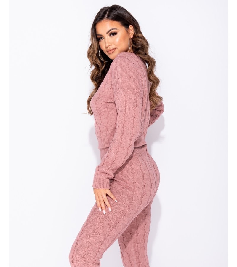 Cable Knit Long Sleeve Top Legging Lounge Set Dames Roze