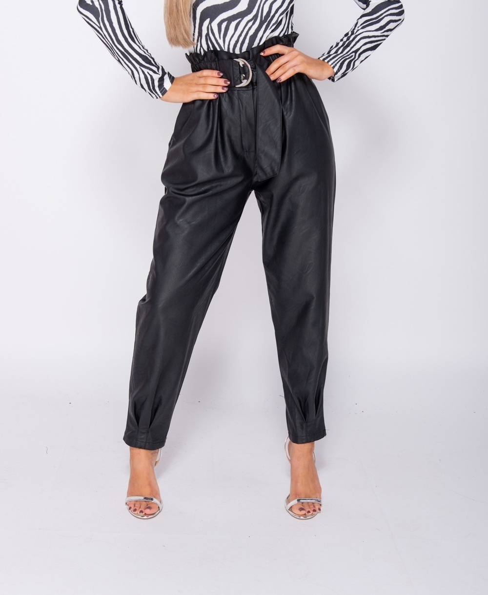 PU Paperbag Waist Pleated Hem Tapered 
