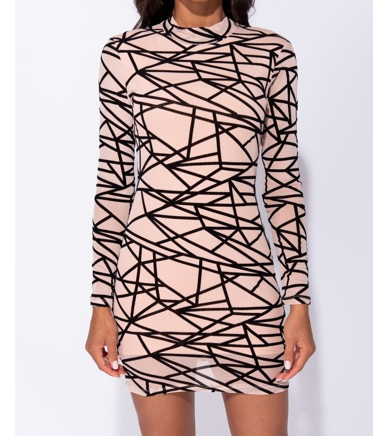 PARISIAN Abstract Print Long Sleeved Mesh Bodycon Dress - Women - Pink