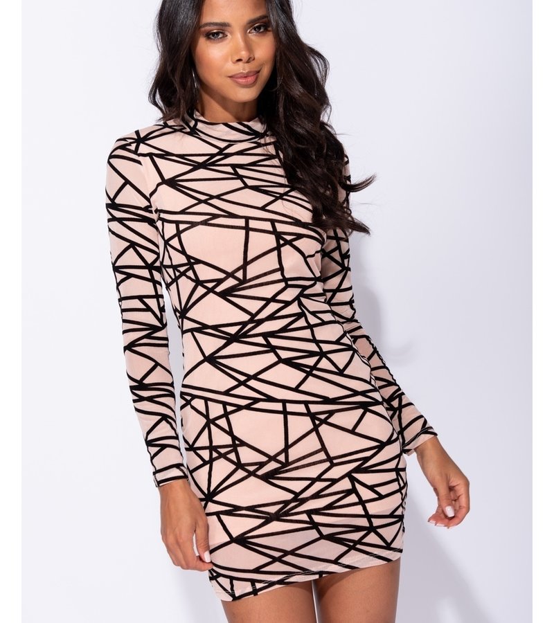 PARISIAN Abstract Print Long Sleeved Mesh Bodycon Dress - Women - Pink