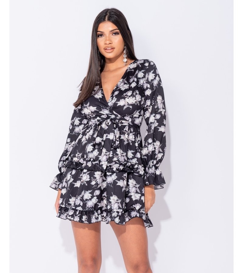 PARISIAN Floral Frill Trim Tiered Long Sleeve Dress - Women - Black