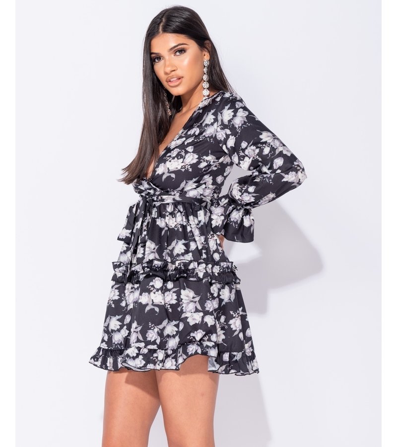 PARISIAN Floral Frill Trim Tiered Long Sleeve Dress - Women - Black