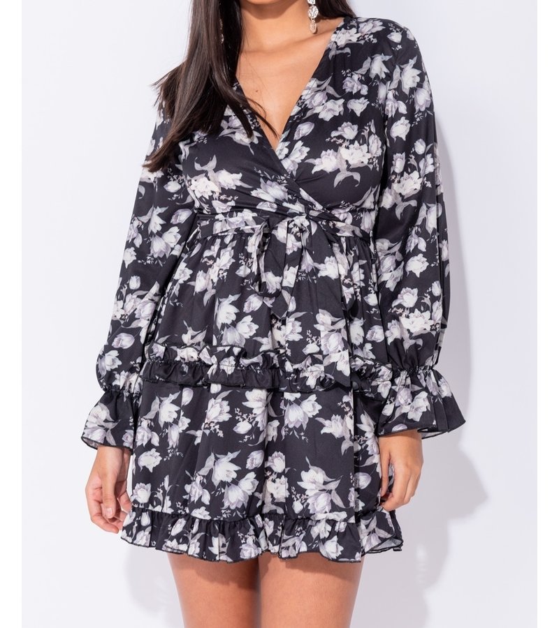 PARISIAN Floral Frill Trim Tiered Long Sleeve Dress - Women - Black