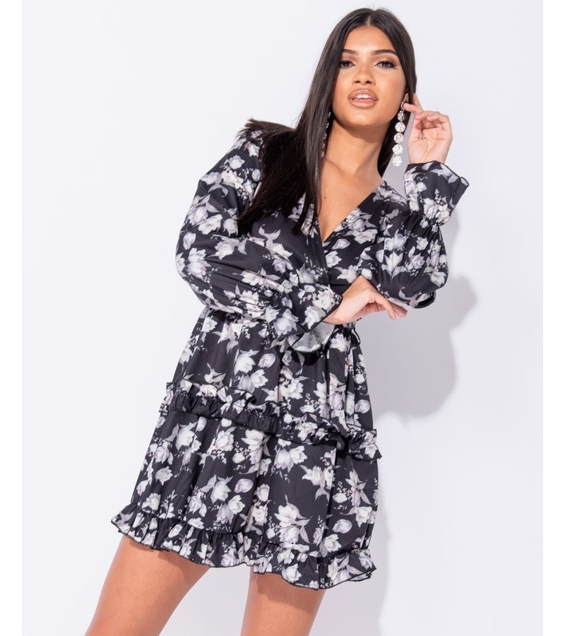 PARISIAN Floral Frill Trim Tiered Long Sleeve Dress - Women - Black