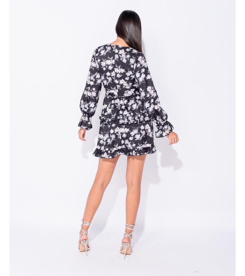 PARISIAN Floral Frill Trim Tiered Long Sleeve Dress - Women - Black