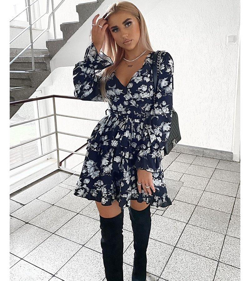 Floral Frill Trim Tiered Long Sleeve Dress Dames Zwart