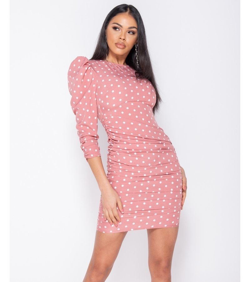 PARISIAN Polka Dot Puff Sleeve Ruching Detail Bodycon Dress - Pink